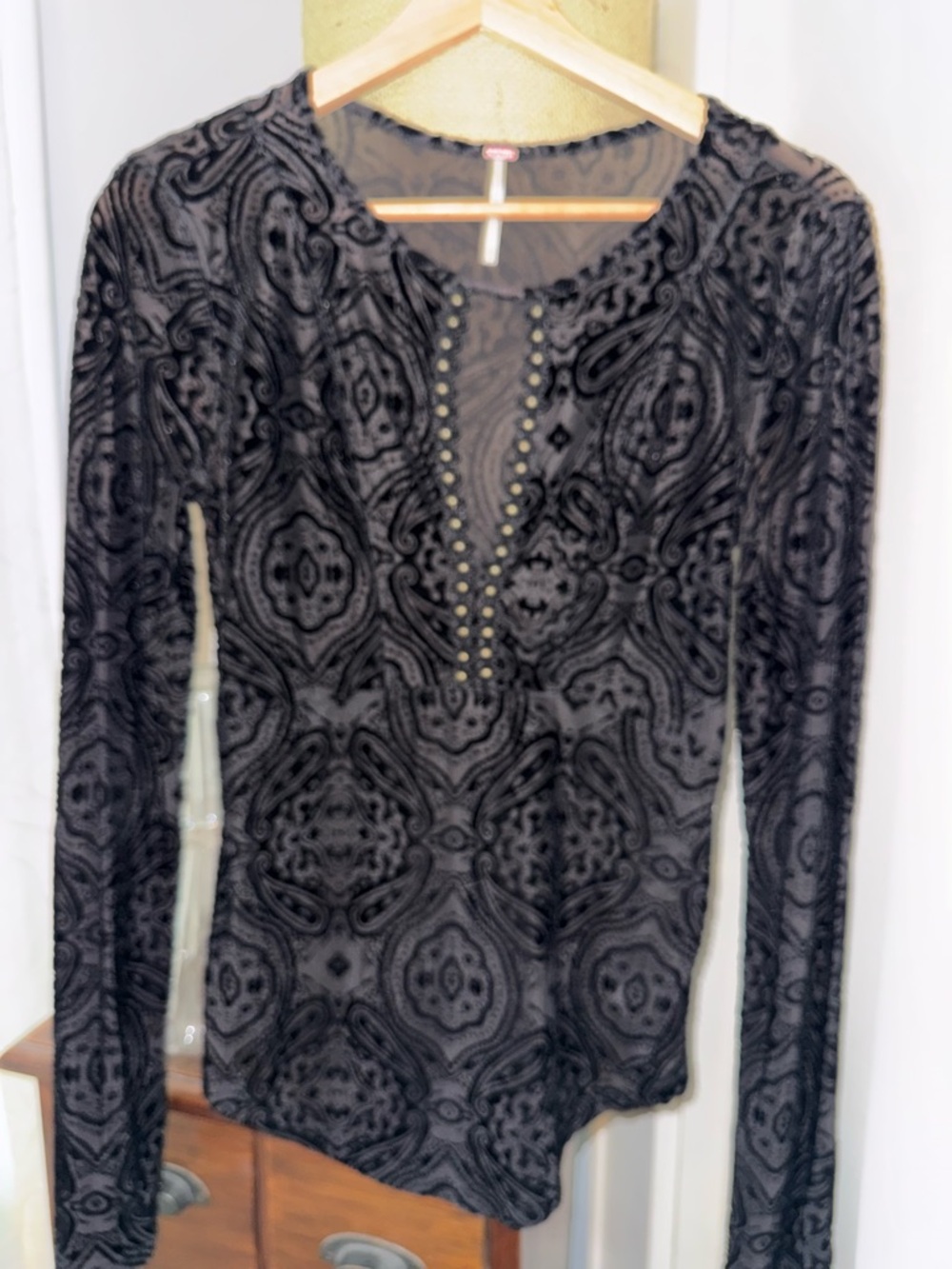 Free People Black Velvet Burnout Long Sleeve Top with Studded Keyhole